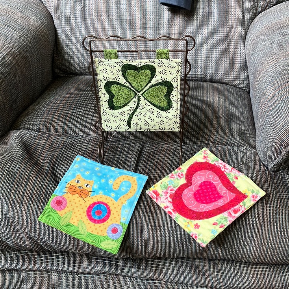 Handmade quilt squares with stand